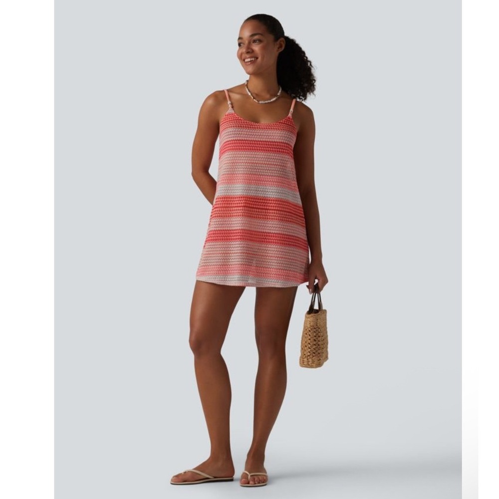 Halara Adjustable Beaded Straps Crochet Knit Slip Cover Up Pink Metallic L NEW